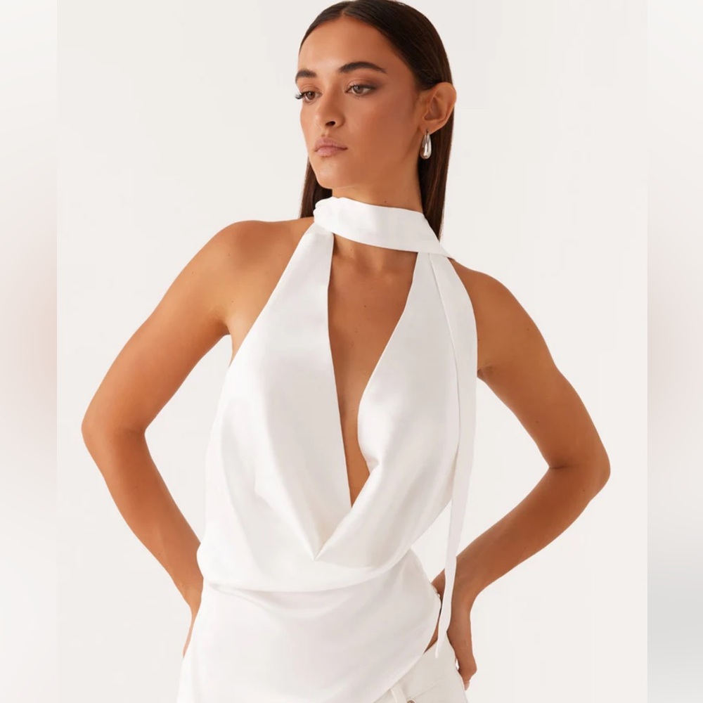 Peppermayo White Halter Plunge Neck Tank Top